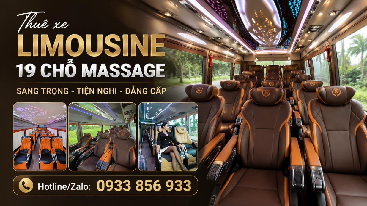 Thuê xe limousine 19 chỗ massage, xe đời mới, nội thất sang trọng, ghế êm ái, tiện nghi cao cấp. Phù hợp du lịch, công tác, đưa đón khách VIP.