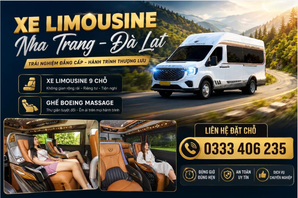 Xe limousine Nha Trang Đà Lạt và ngược lại : limousine 9 chỗ, ghế boeing massage