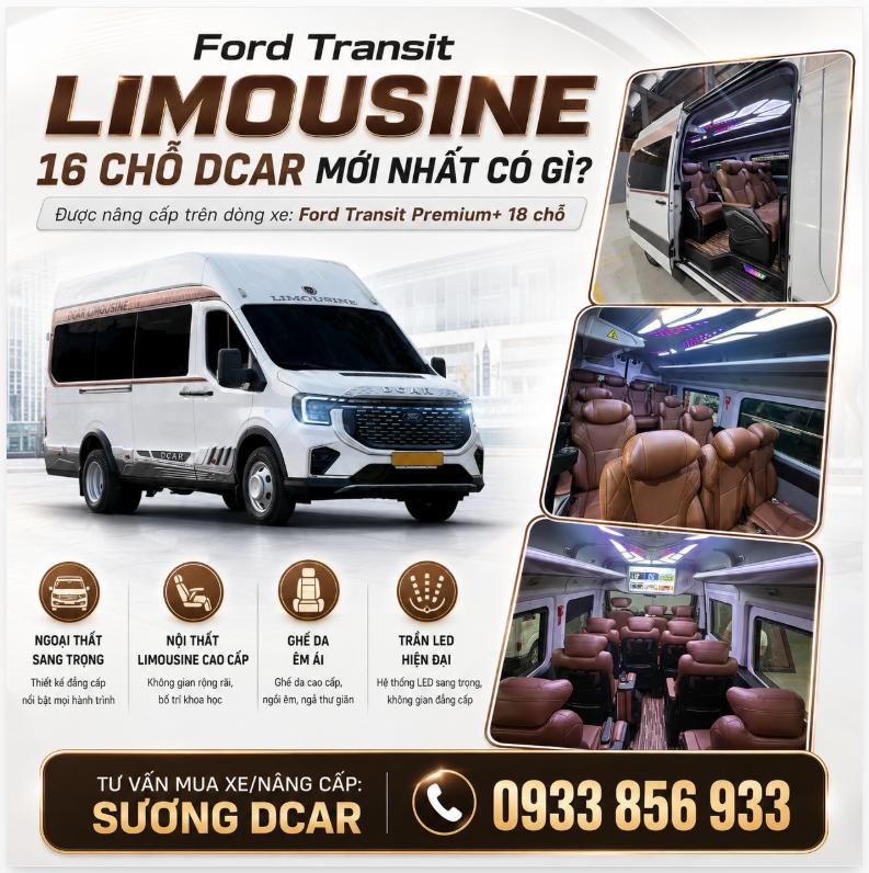 Ford Transit limousine 16 chỗ nâng cấp từ Ford Transit Premium+ 18 chỗ, nội thất sang trọng, ghế massage, sạc USB, rèm chống nắng