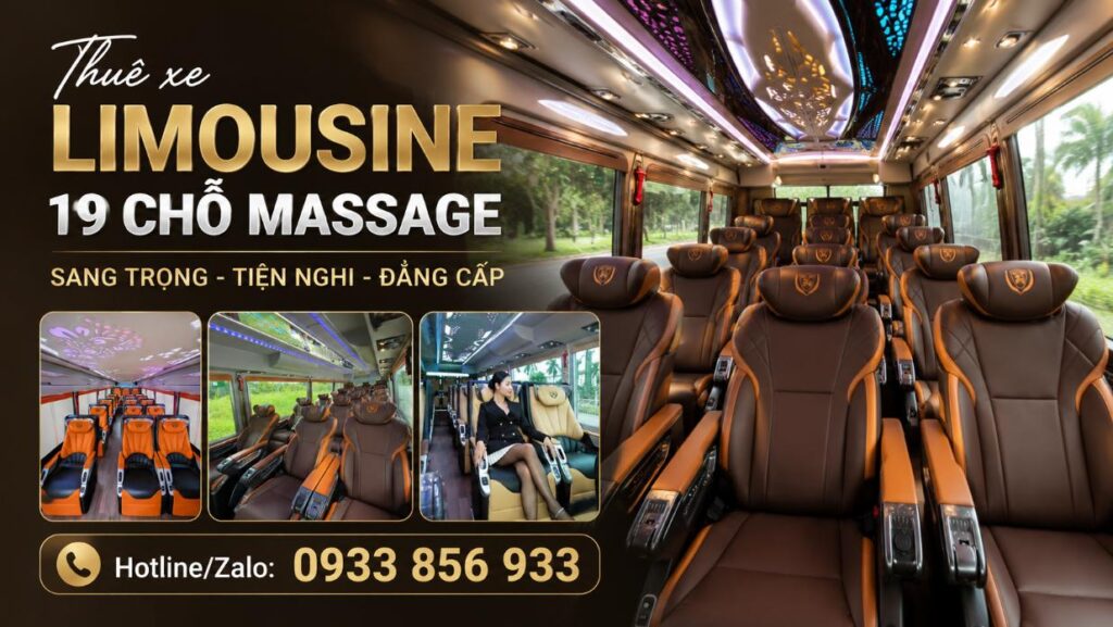 Thuê xe limousine 19 chỗ massage, xe đời mới, nội thất sang trọng, ghế êm ái, tiện nghi cao cấp. Phù hợp du lịch, công tác, đưa đón khách VIP.