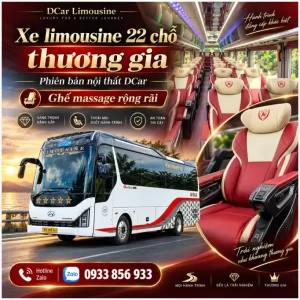 Xe limousine 22 chỗ thương gia phiên bản nội thất DCar với ghế massage rộng rãi, tiện nghi cao cấp. Liên hệ Sương DCar 0933 856 933 để tư vấn.