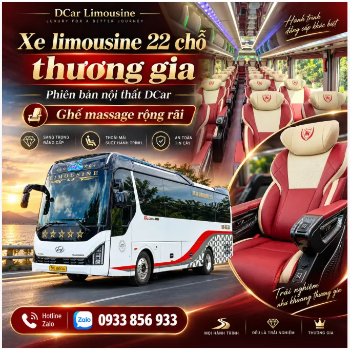 Xe limousine 22 chỗ thương gia phiên bản nội thất DCar với ghế massage rộng rãi, tiện nghi cao cấp. Liên hệ Sương DCar 0933 856 933 để tư vấn.